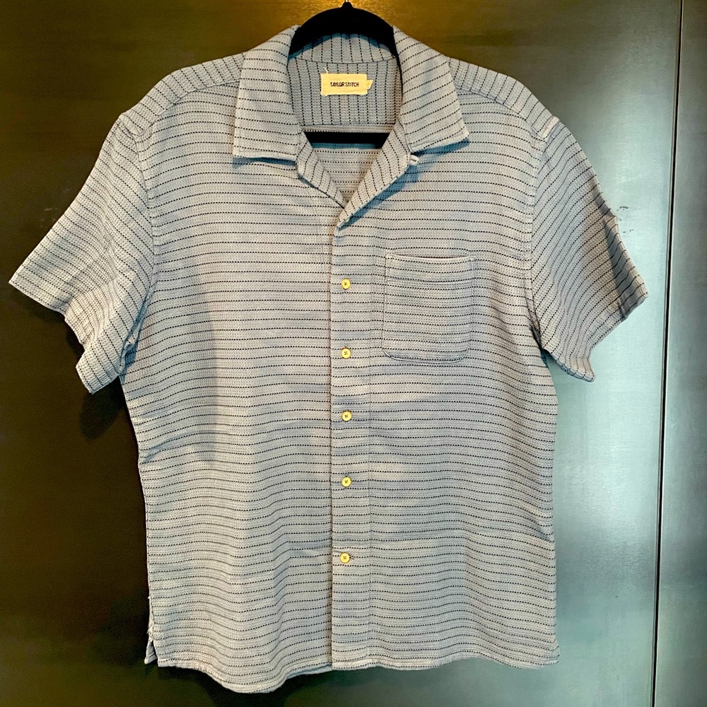 TAYLOR STITCH men knit Short sleeve organic cotton blue button front shirt Large